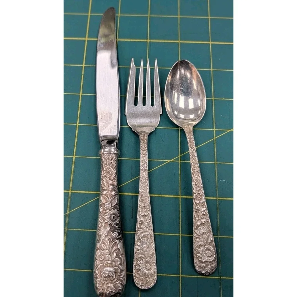 Vintage S Kirk & Sons Sterling Silver Repousse 3 Piece Set Serving Set
